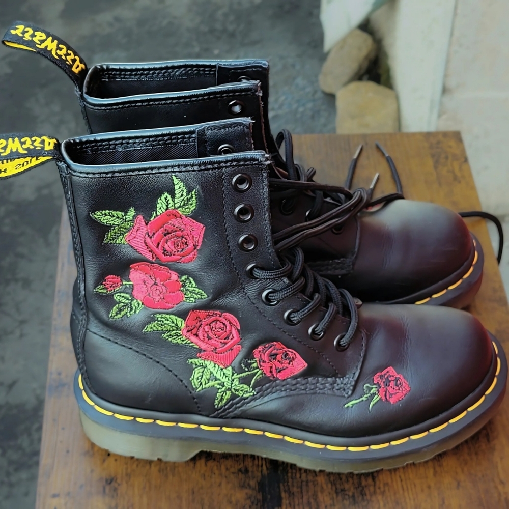 Dr. Martens Black and Red Combat Boots with Floral Embroidery
